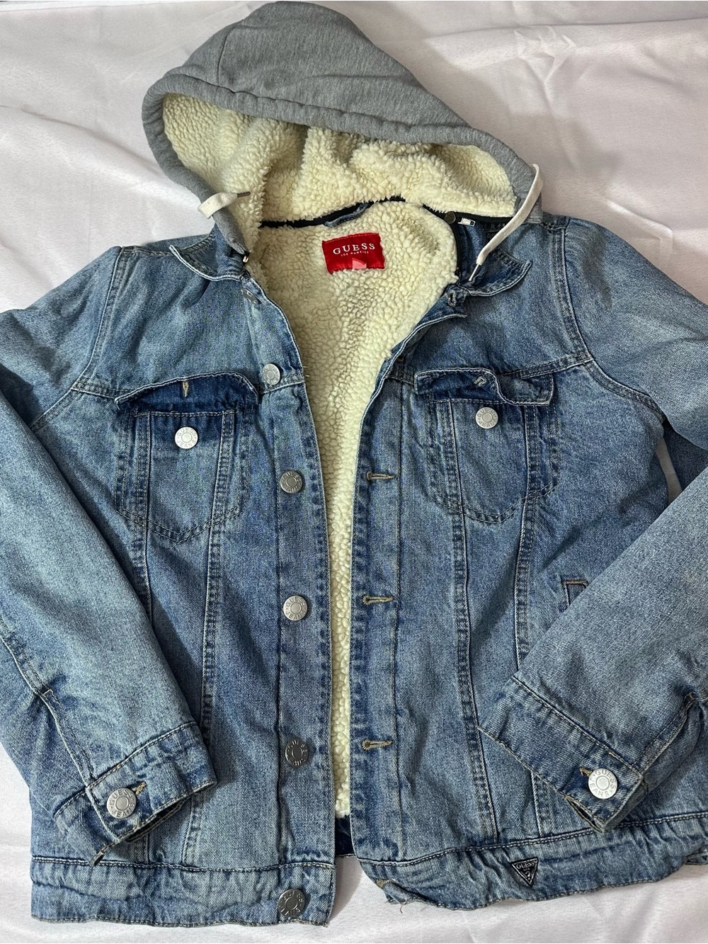 GUESS Light Blue Denim Jacket with Gray Hood and Cream Sherpa